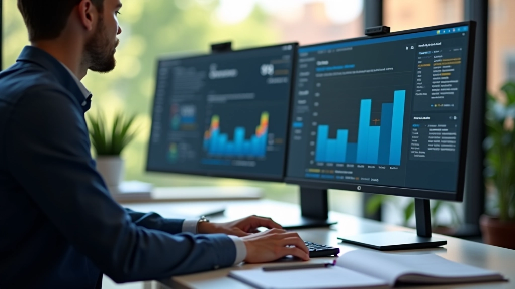 Professional working at desk with multiple computer screens displaying analytics dashboards and performance metrics